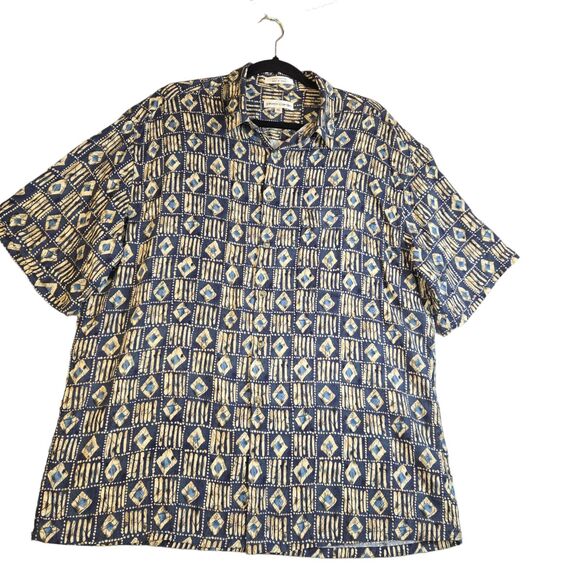 Pierre Cardin Mens XL Geometric Print Short Sleeve Button-Up Brown Blue - Picture 1 of 8